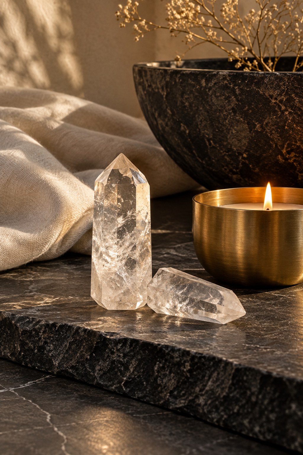 Illustrative clear quartz and brass candle still life