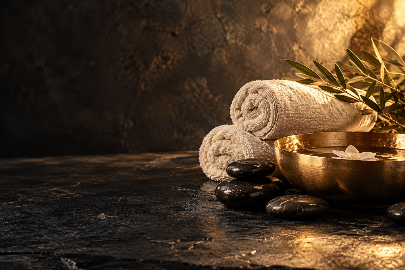 Illustrative spa still life with ivory linen and champagne brass
